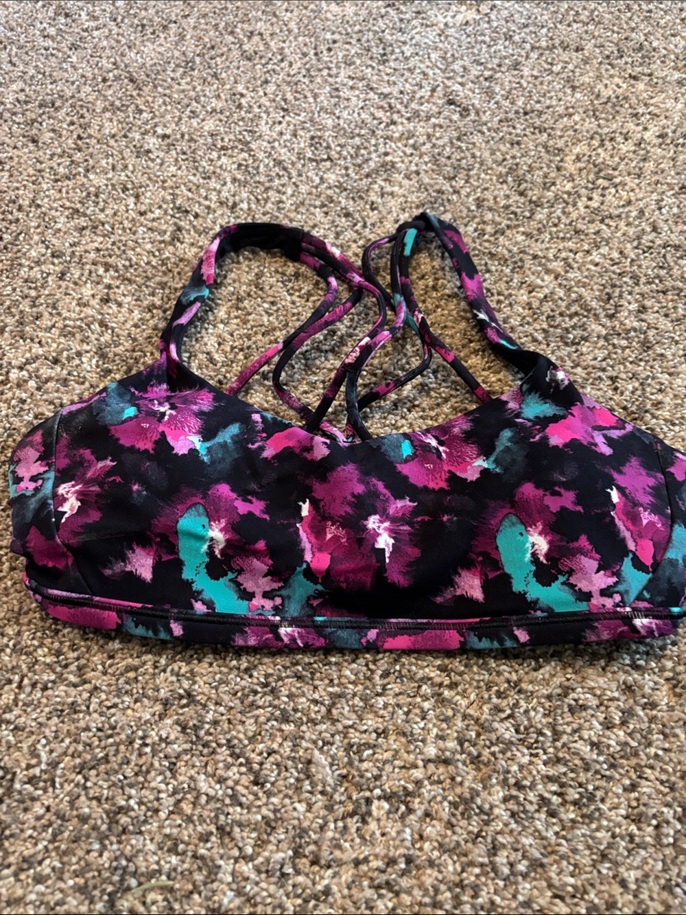 lululemon athletica Black Sports Bra with Pink & Teal Floral Print